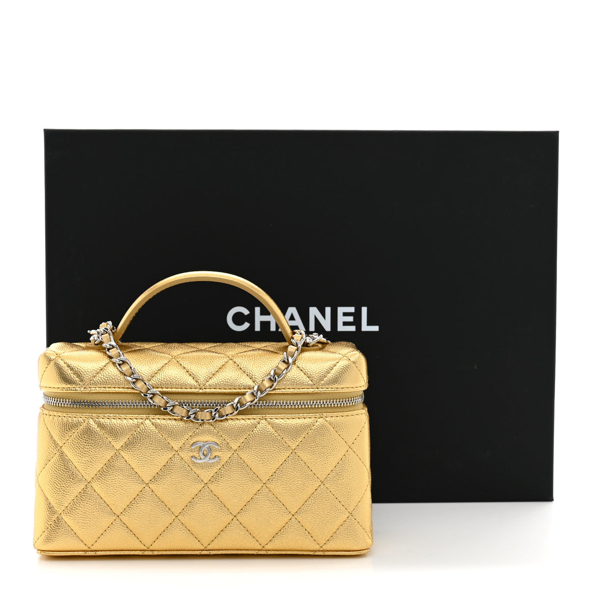 Metallic Caviar Quilted Top Handle Slim Vanity With Chain Gold