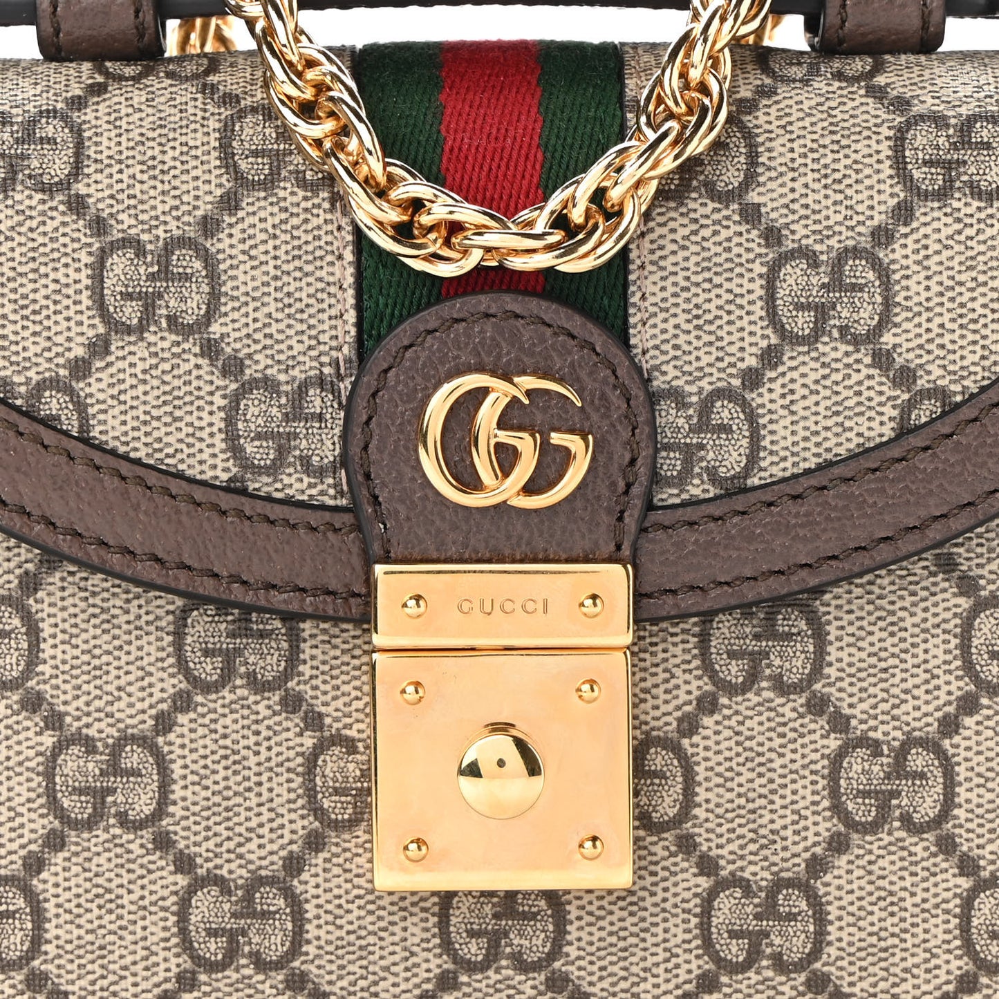 GG Supreme Monogram Textured Dollar Calfskin Web Mini Ophidia Padlock Top Handle Chain Shoulder Bag Beige Ebony New Acero