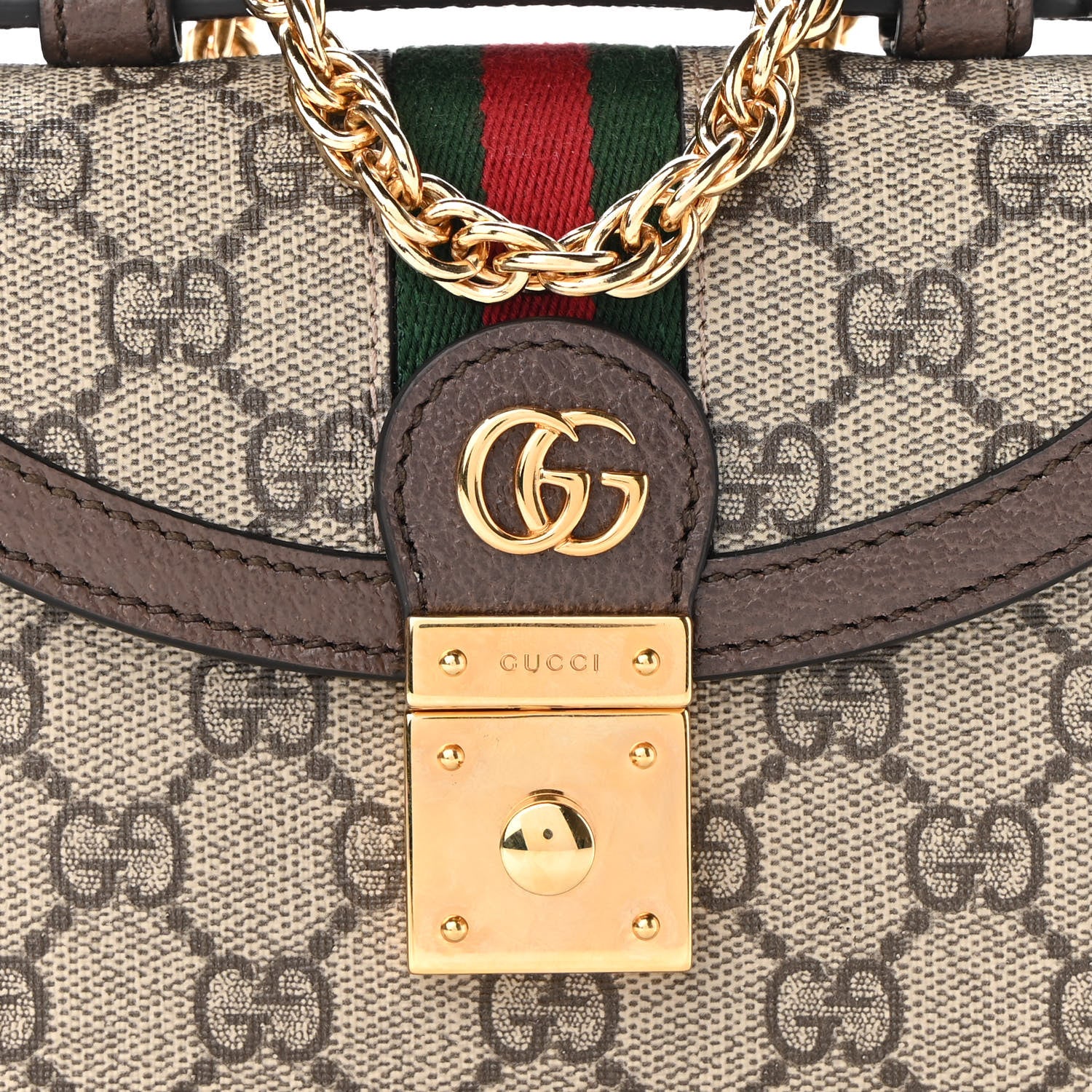 Gucci GG Supreme Monogram Textured Dollar Calfskin Web Mini Ophidia Padlock Top Handle Chain Shoulder Bag Beige Ebony New Acero 7 of 9