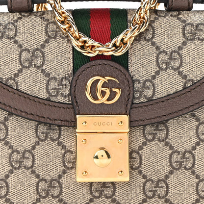 Gucci GG Supreme Monogram Textured Dollar Calfskin Web Mini Ophidia Padlock Top Handle Chain Shoulder Bag Beige Ebony New Acero 7 of 9