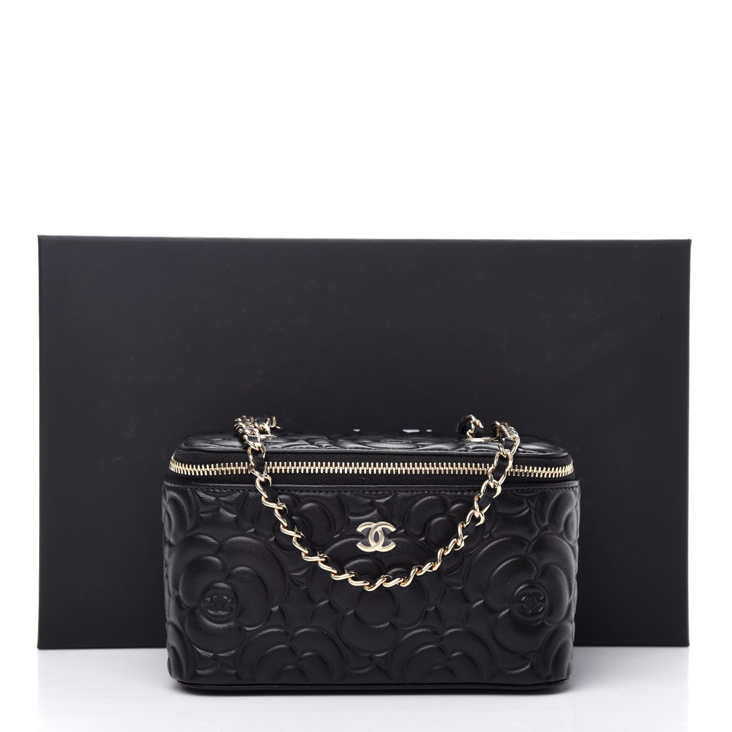 Goatskin Camellia Embossed Quilted Small Vanity Case With Chain Black