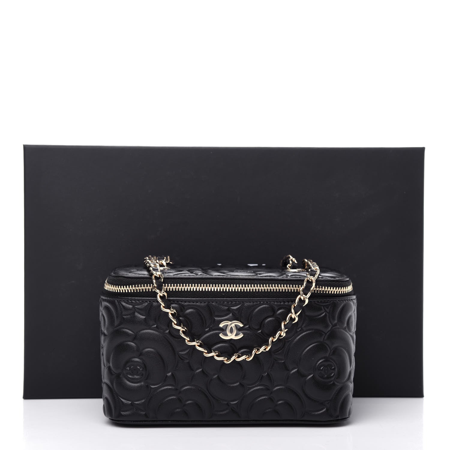 Chanel Goatskin Camellia Embossed Quilted Small Vanity Case With Chain Black 11 of 11