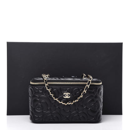 Chanel Goatskin Camellia Embossed Quilted Small Vanity Case With Chain Black 11 of 11
