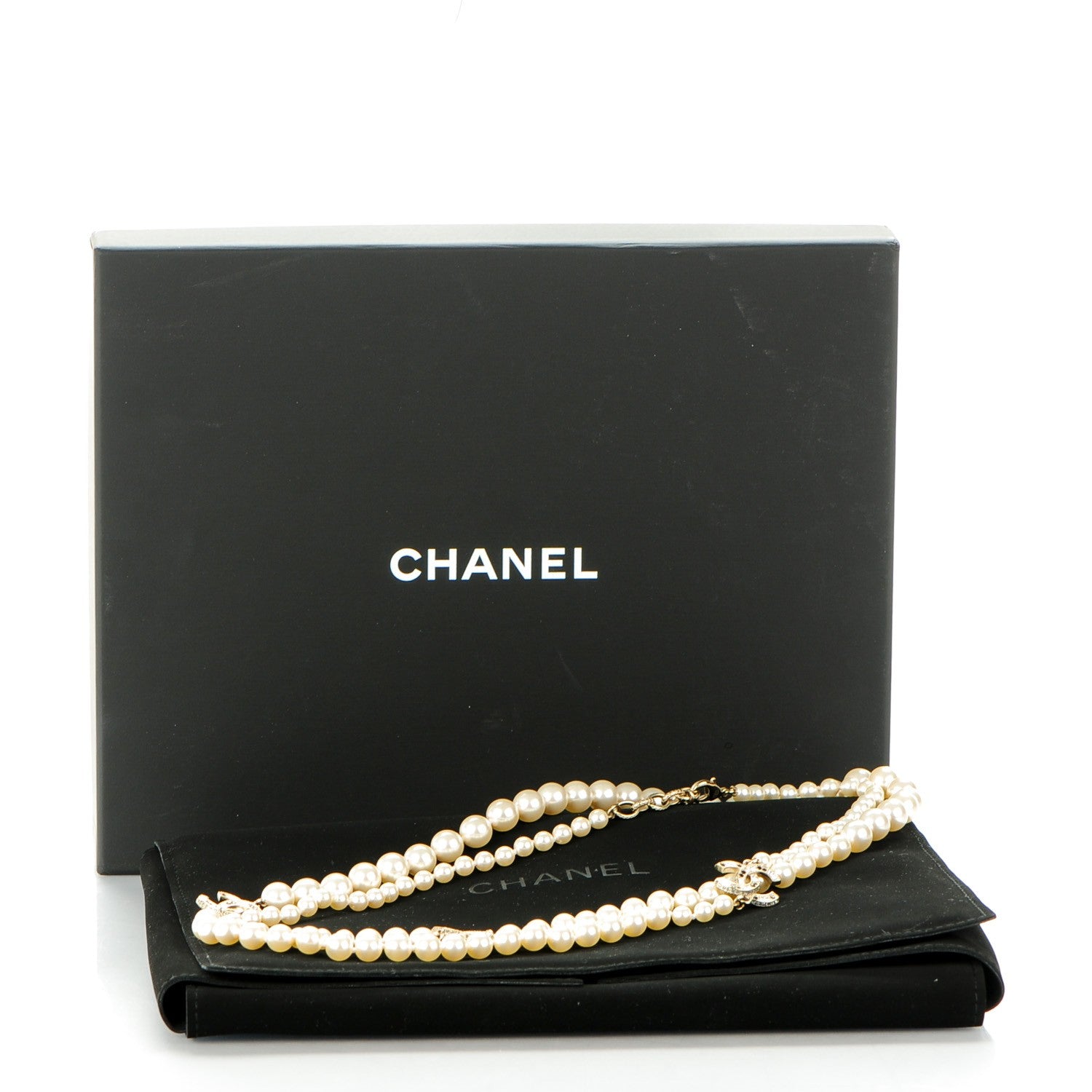 Chanel Graduated Pearl Crystal CC Long Necklace Gold Black 5 of 5