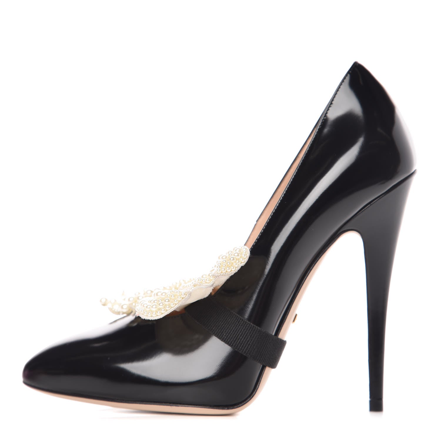 Gucci Polished Calfskin Removable Pearly Bow Elaisa Platform High Heel Pumps 36.5 Black 1 of 13
