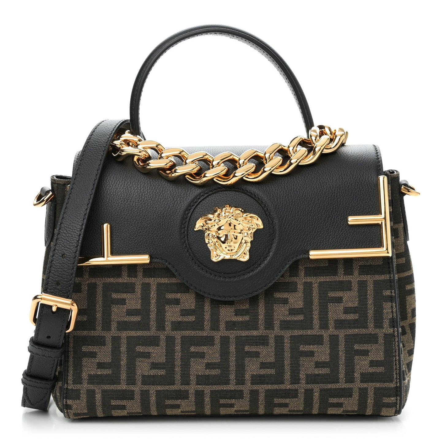 X FENDI Grained Calfskin Fendace Medium La Medusa Top Handle Bag Black Brown