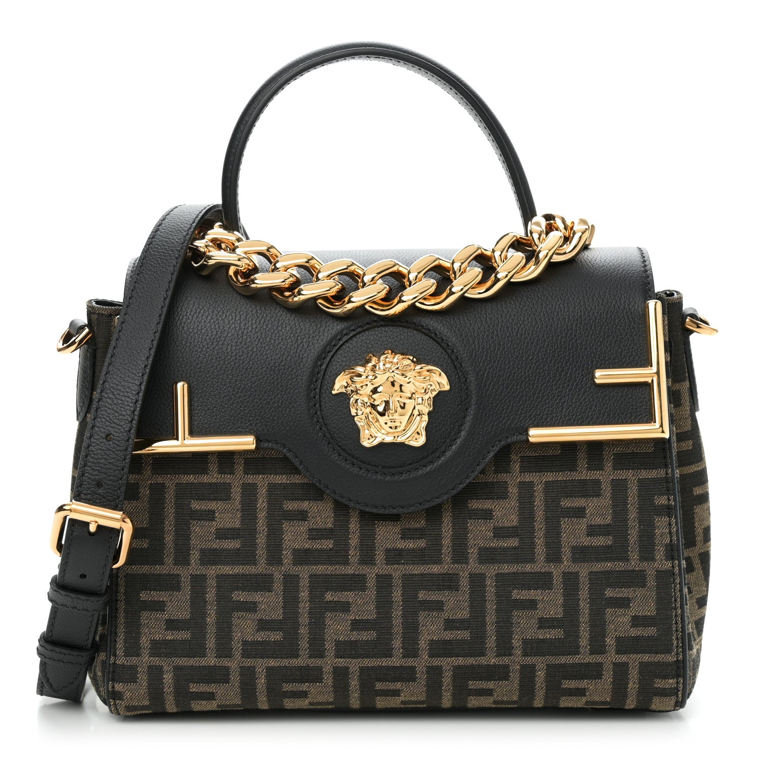 Versace X FENDI Grained Calfskin Fendace Medium La Medusa Top Handle Bag Black Brown 1 of 9