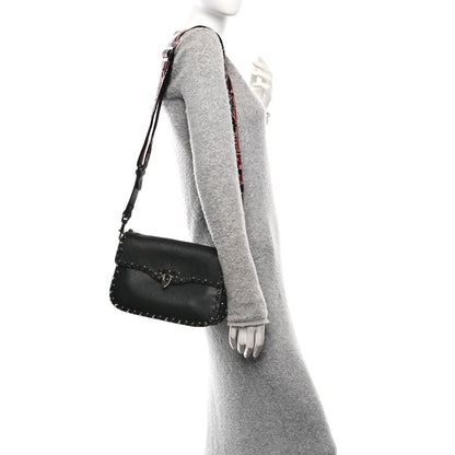 Valentino Garavani Pebbled Calfskin Onyx Medium Guitar Strap Rockstud Rolling Flap Love Blade Saddle Bag  Black 2 of 9