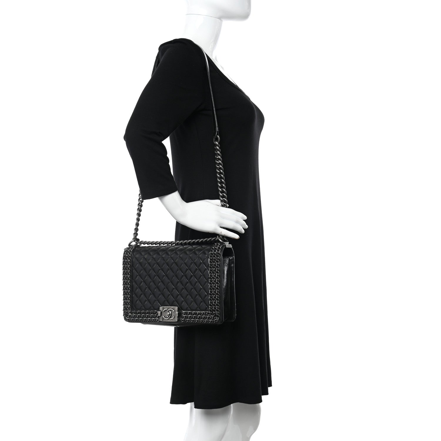 Chanel Glazed Calfskin Quilted New Medium Boy Chained Flap Black 2 of 11