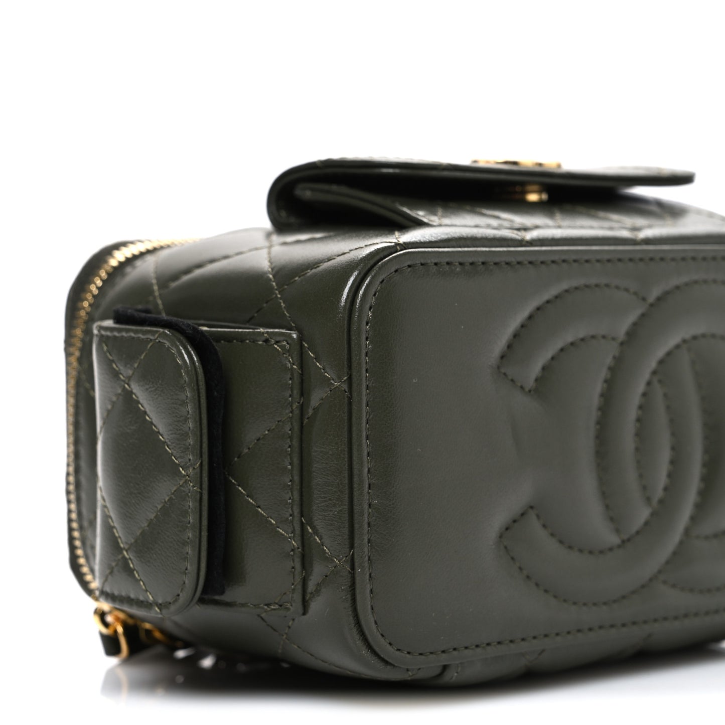 Lambskin Quilted Polly Pocket East West Top Vanity With Chain Khaki