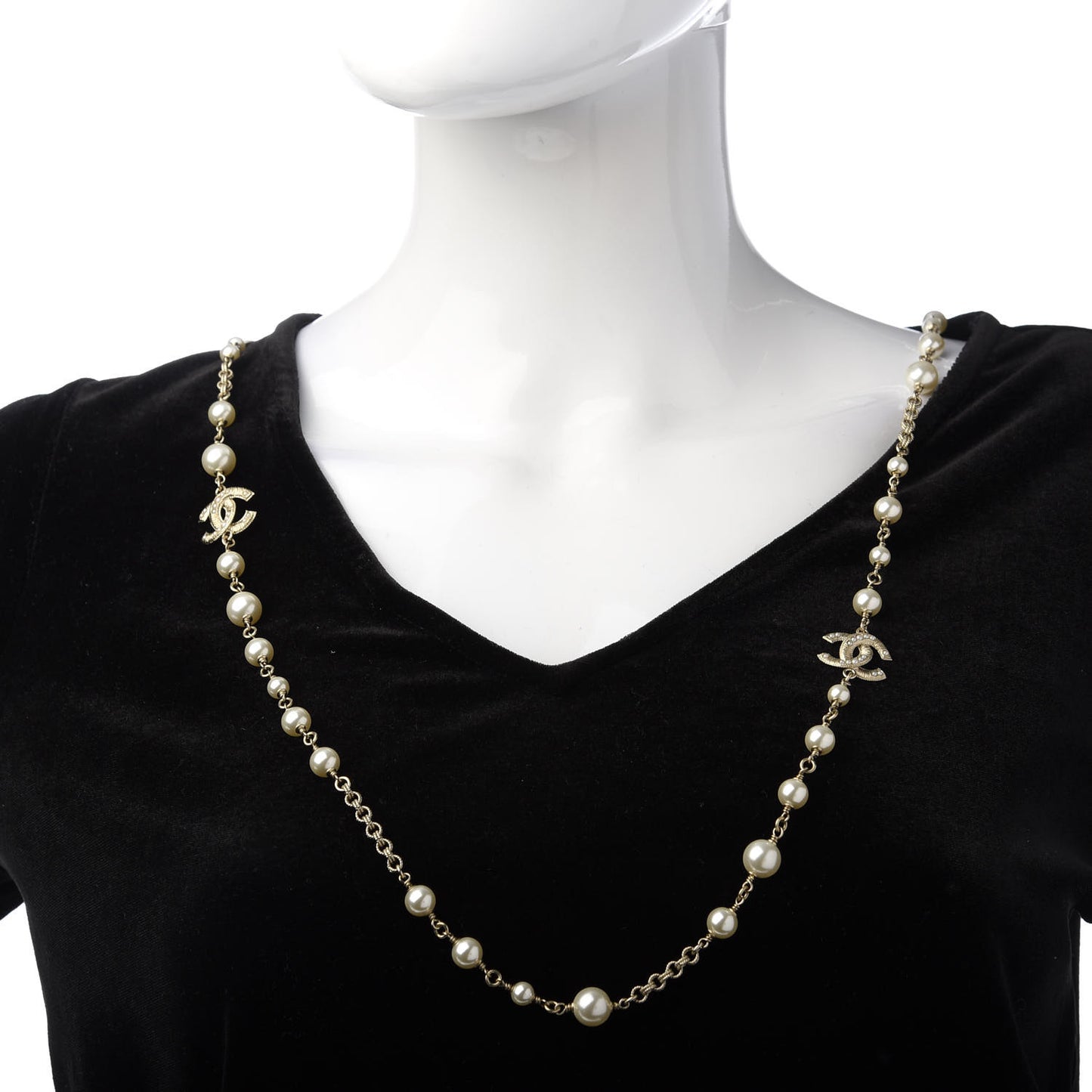 Graduated Pearl Crystal Twisted CC Long Necklace Gold
