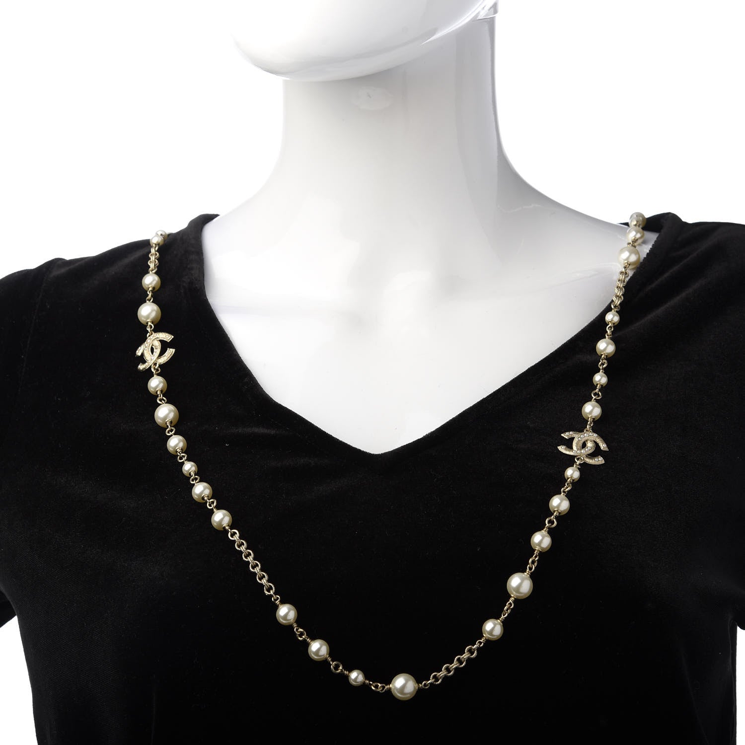 Chanel Graduated Pearl Crystal Twisted CC Long Necklace Gold 2 of 5