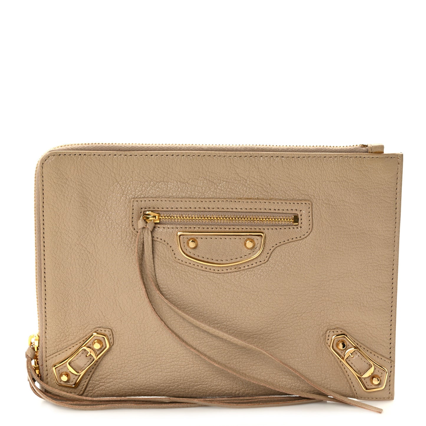 Chevre Gold Metallic Edge Hardware Pouch Gris Taupe
