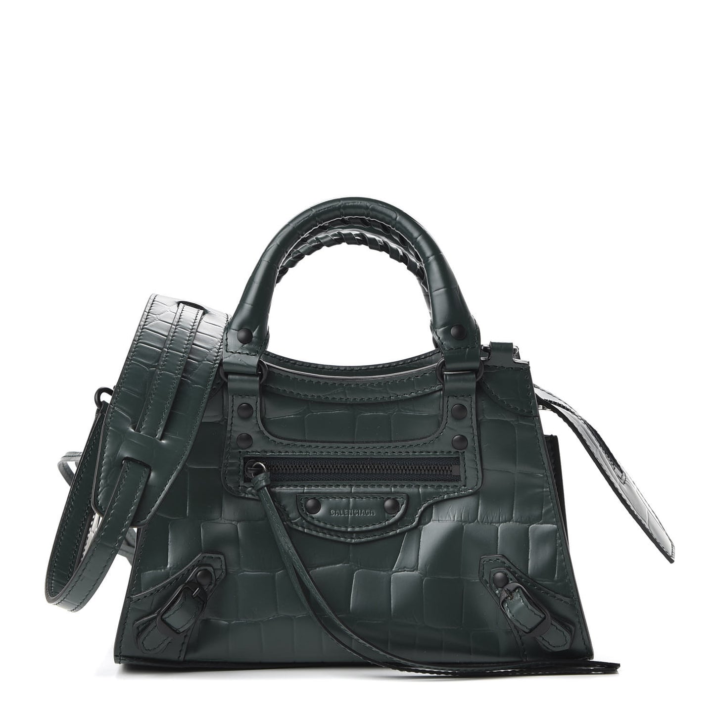 Semi Shiny Calfskin Crocodile Embossed Neo Classic Black Hardware Mini City Forest Green