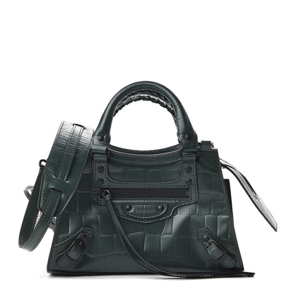 Balenciaga Semi Shiny Calfskin Crocodile Embossed Neo Classic Black Hardware Mini City Forest Green 1 of 8
