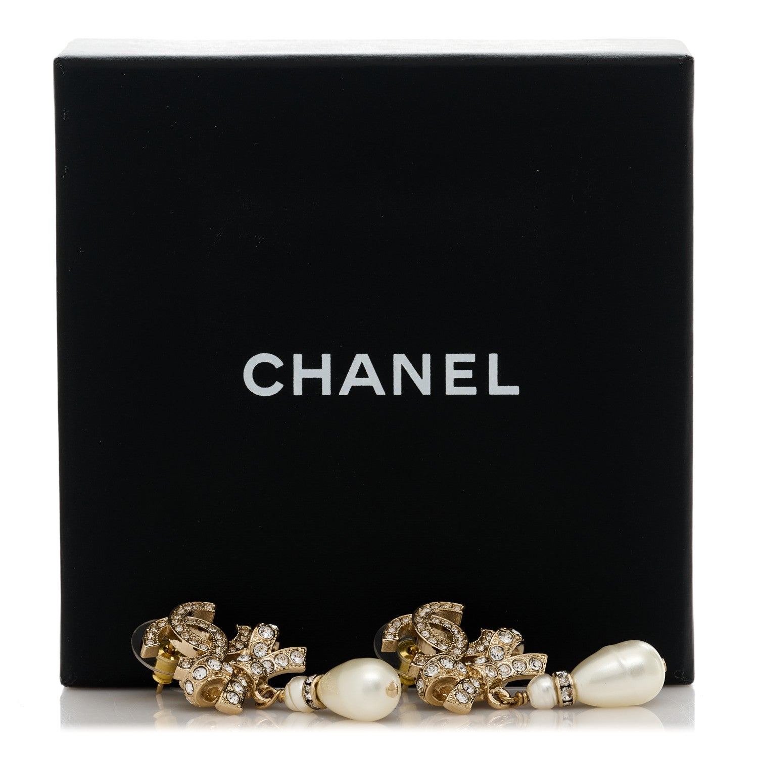 Chanel Crystal CC Bow Pearl Drop Earrings Gold Pearly White 5 of 5