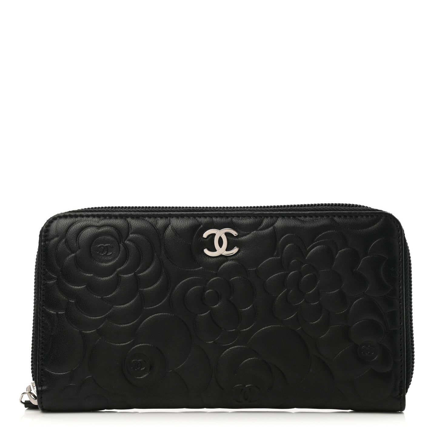 Lambskin Camellia Embossed Large Zip Around Gusset Wallet Black
