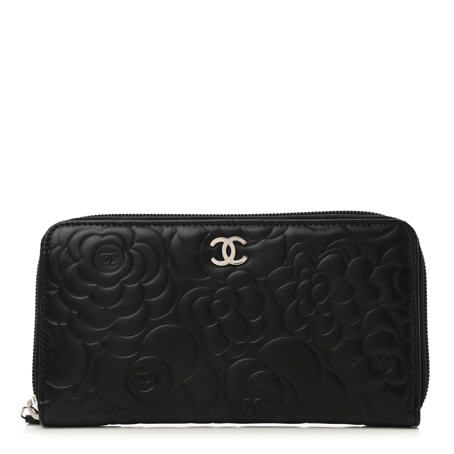 Chanel Lambskin Camellia Embossed Large Zip Around Gusset Wallet Black 1 of 9