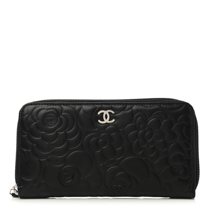 Chanel Lambskin Camellia Embossed Large Zip Around Gusset Wallet Black 1 of 9
