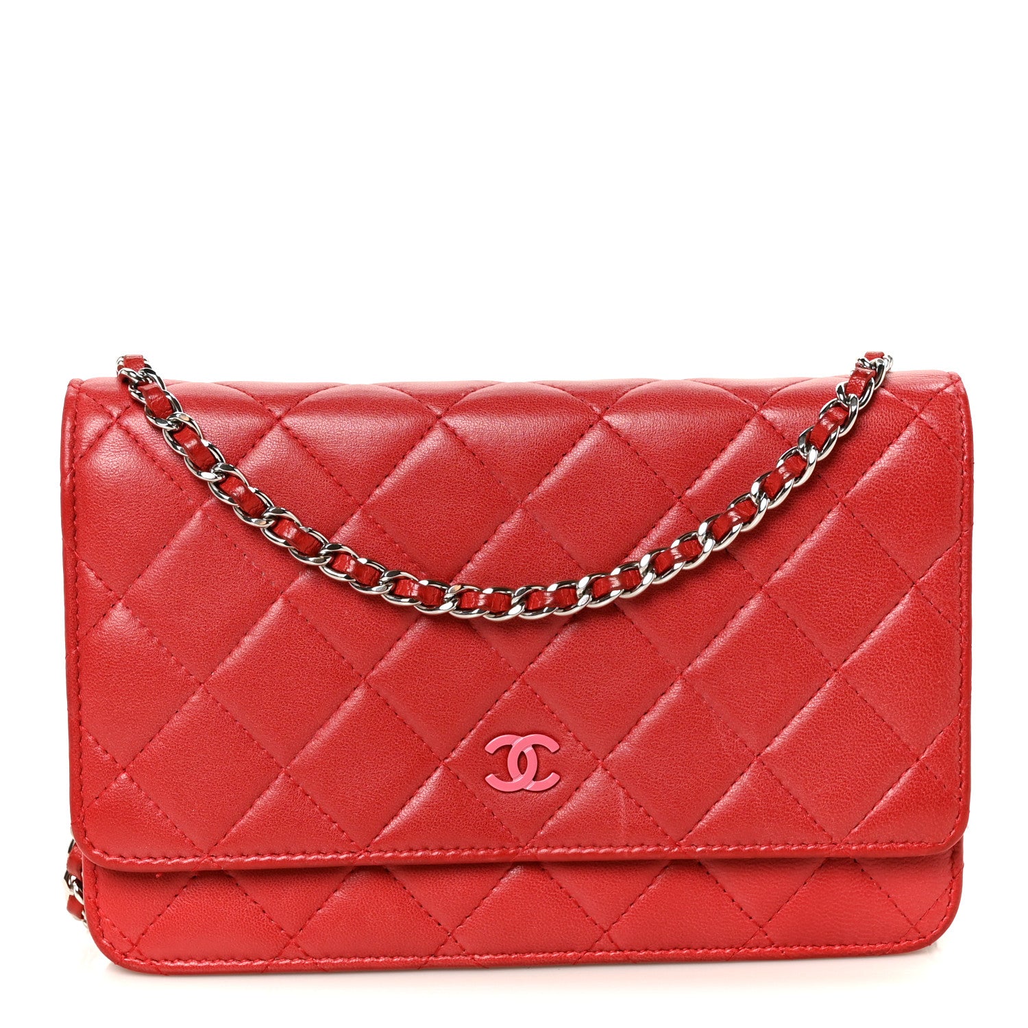 Chanel Lambskin Quilted Wallet On Chain WOC Red Pink 1 of 11