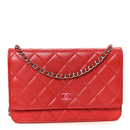 Chanel Lambskin Quilted Wallet On Chain WOC Red Pink 1 of 11