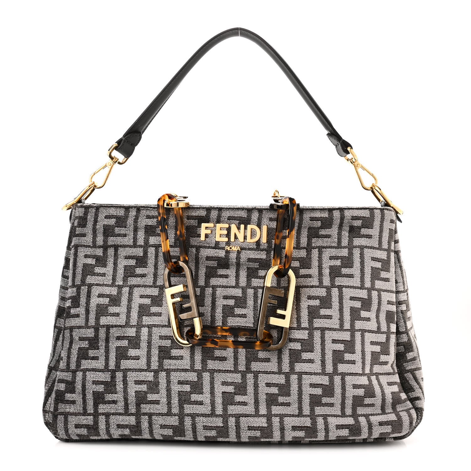 Fendi Chenille Vitello Seta Plexiglass FF Fendi O'Lock Zipper Anthracite Asfalto 1 of 11