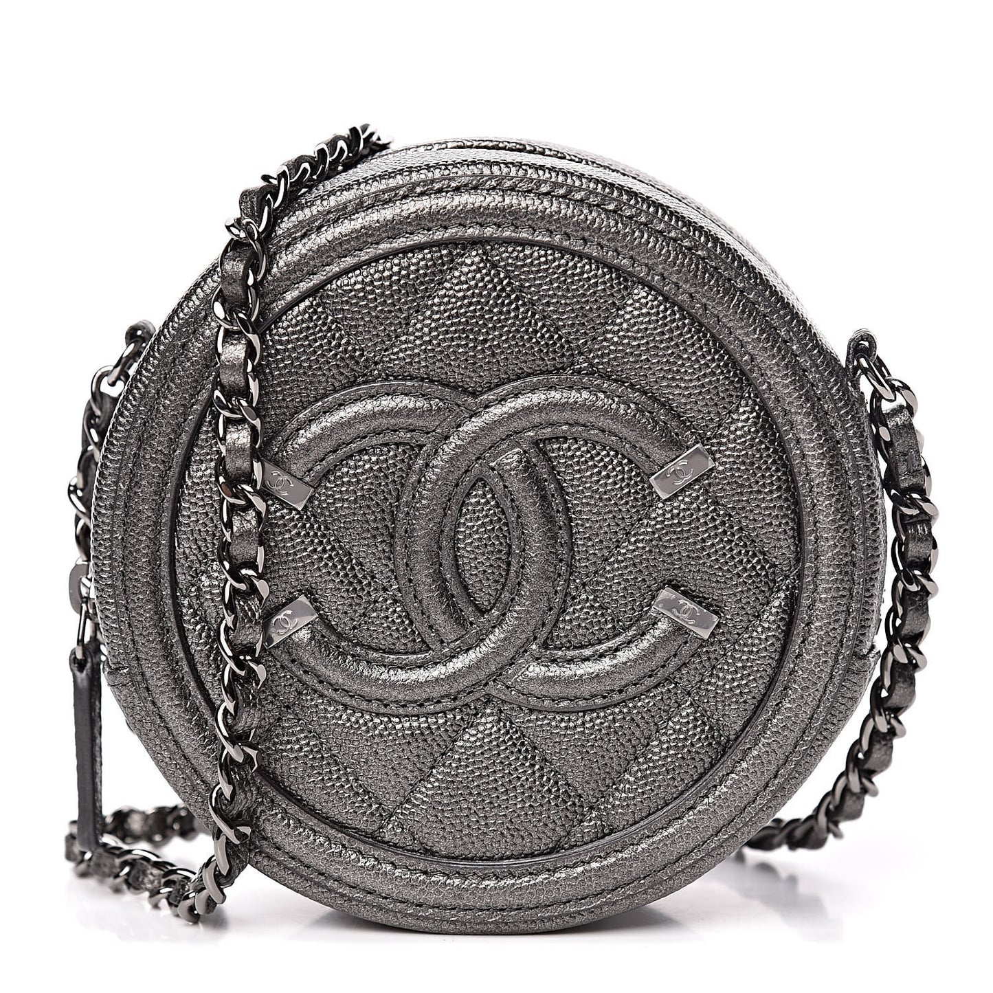 Metallic Caviar Quilted Round Filigree Crossbody Dark Silver