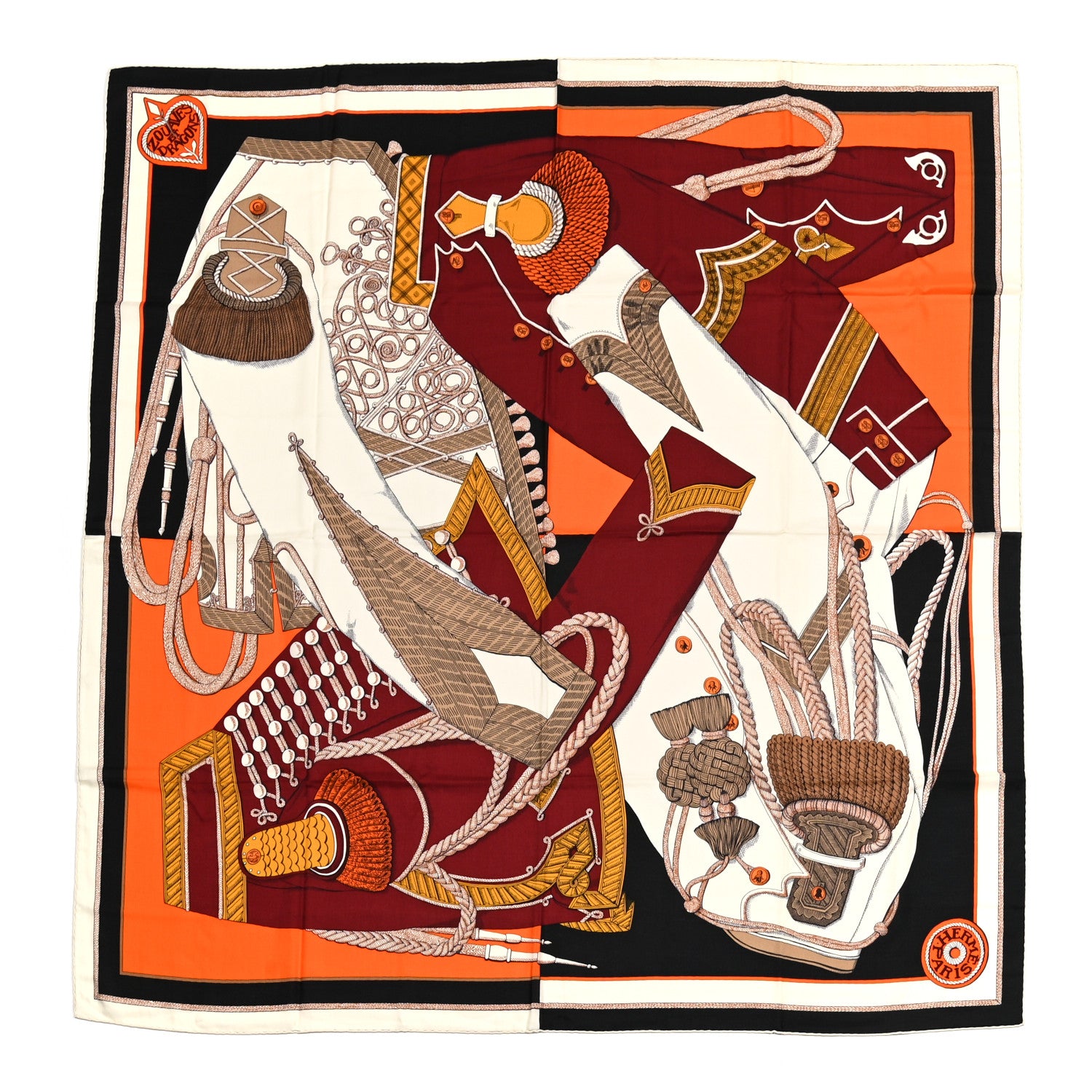 Hermes Cashmere Silk Zouaves Et Dragons Shawl 140 Bordeaux Orange Black 1 of 4