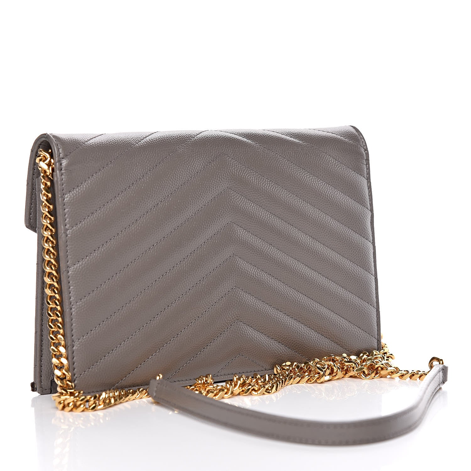 Saint Laurent Grain De Poudre Matelasse Chevron Monogram Chain Wallet Fog 3 of 15