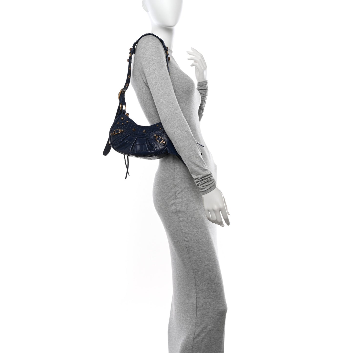 Extra Supple Calfskin Crocodile Embossed Le Cagole Shoulder Bag XS Indigo