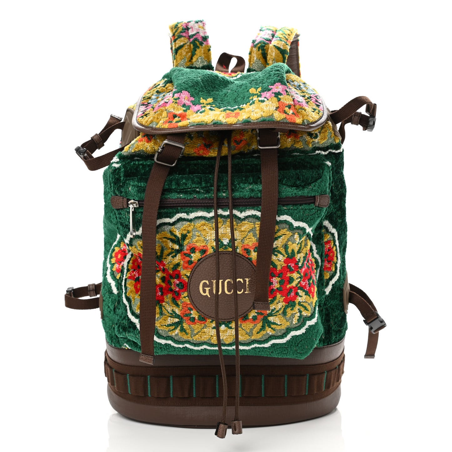 Velvet Jacquard Tapestry Script Logo Large Double Pocket Backpack Green Multicolor