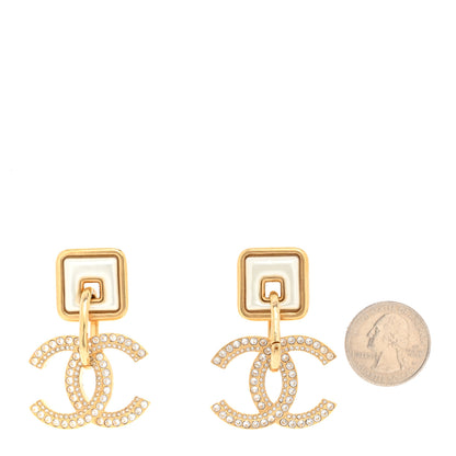 Chanel Crystal Pearl CC Square Drop Earrings Gold Pearly White 2 of 5
