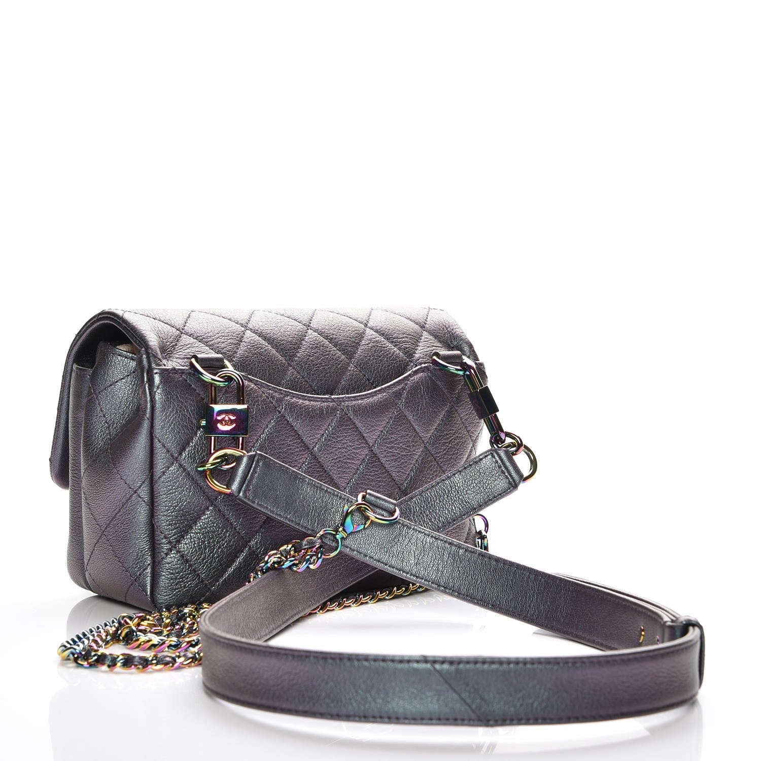 Chanel Iridescent Goatskin Quilted Small Double Carry Waist Chain Flap Purple 3 of 8