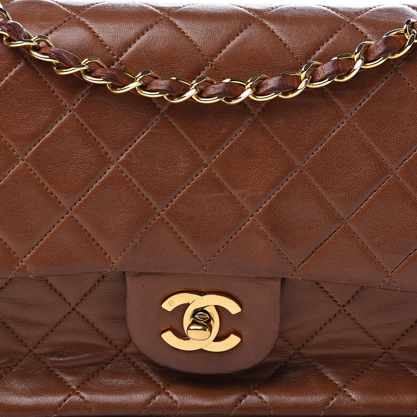 Lambskin Quilted Medium Double Flap Brown