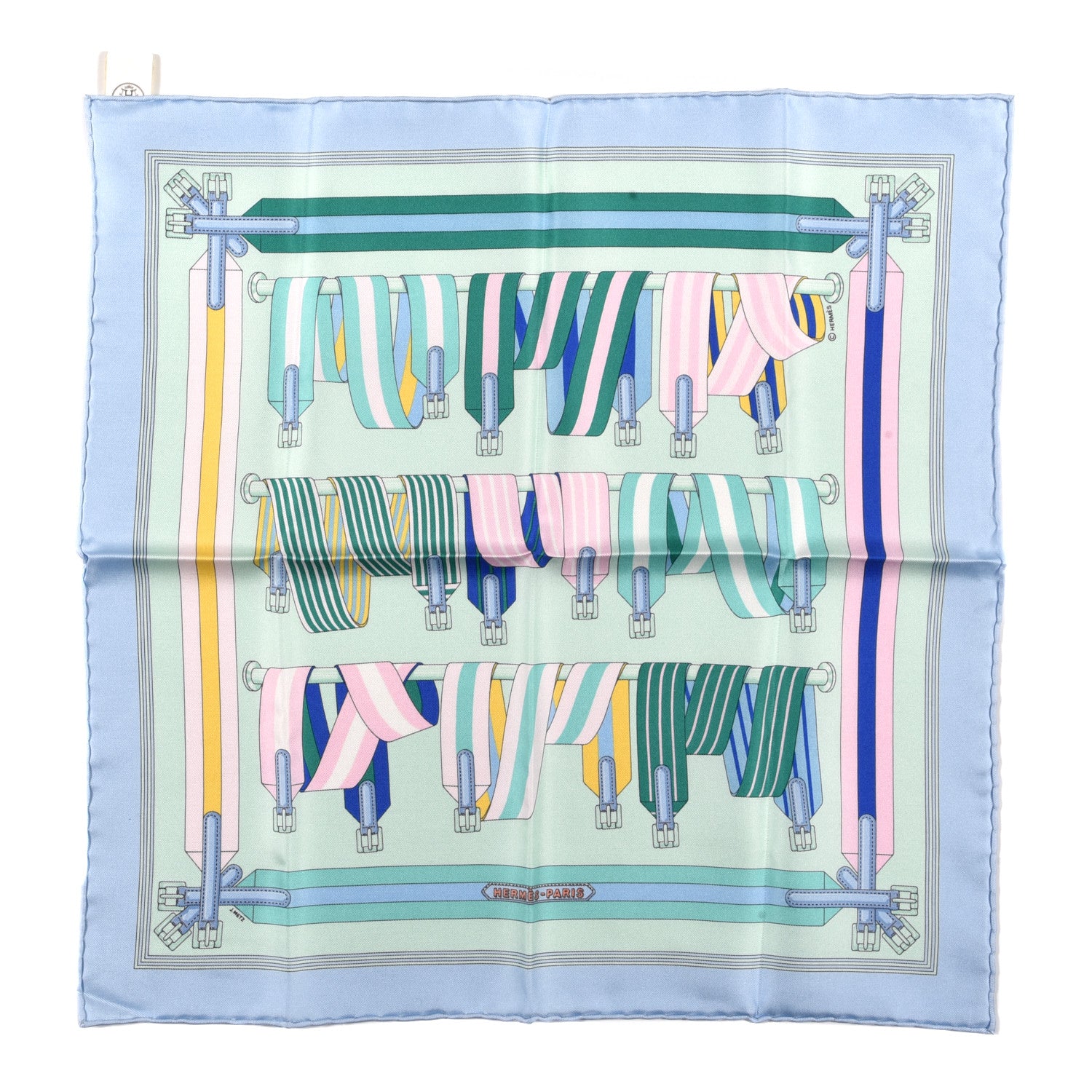 Hermes Silk Les Sangles Pocket Square Bleu Glacier Vert 1 of 5