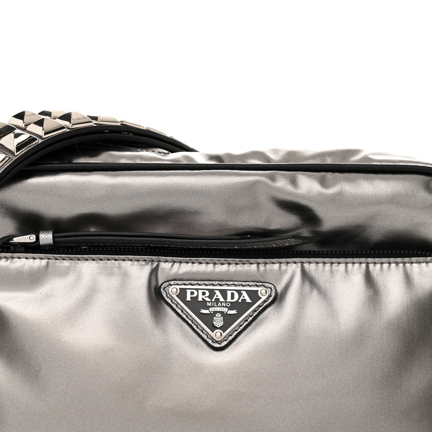 Metallic Tessuto Nylon Metal Studded Shoulder Bag Ferro Black