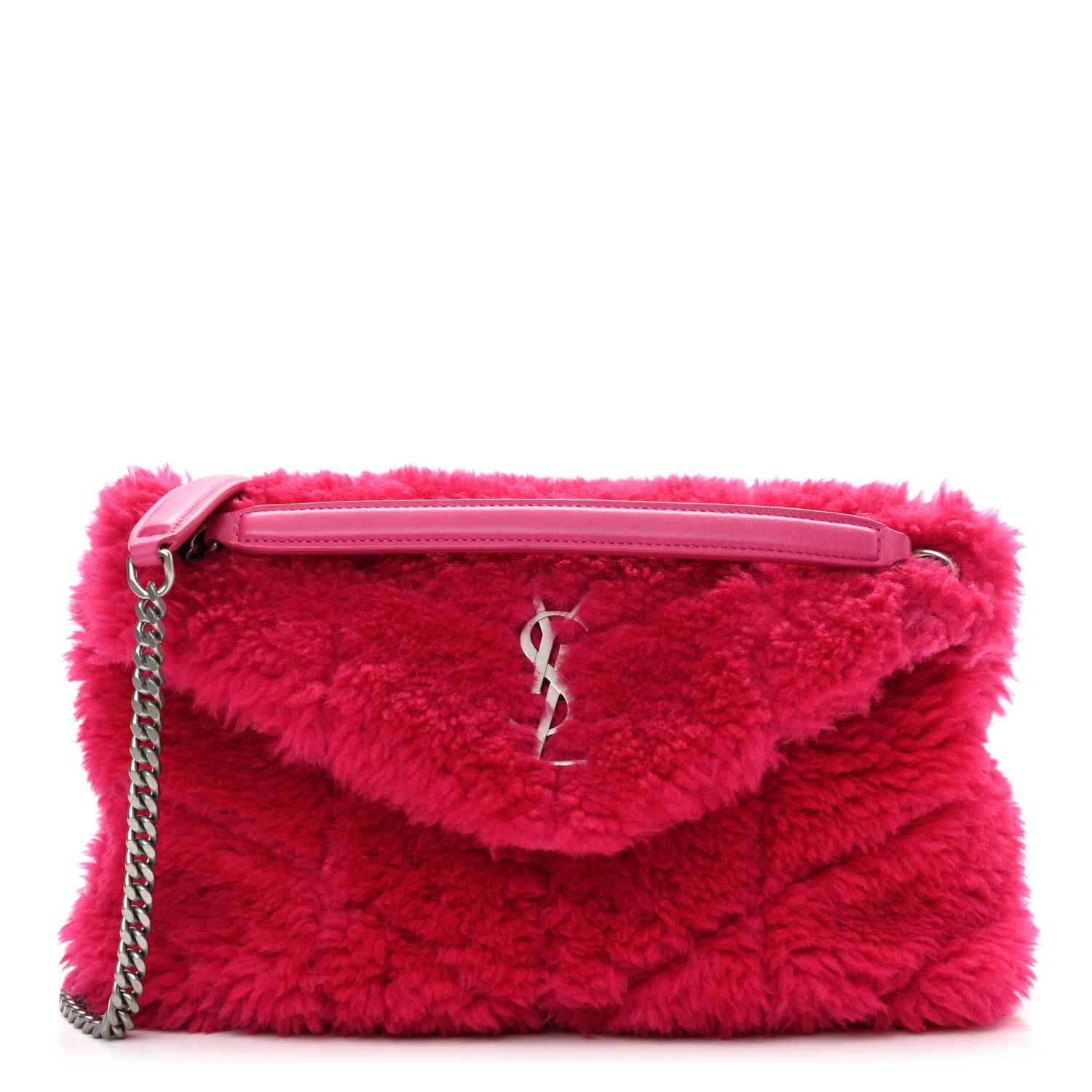 Saint Laurent Merino Shearling Lambskin Quilted Small Loulou Puffer Monogram Chain Satchel Fuchsia 1 of 11