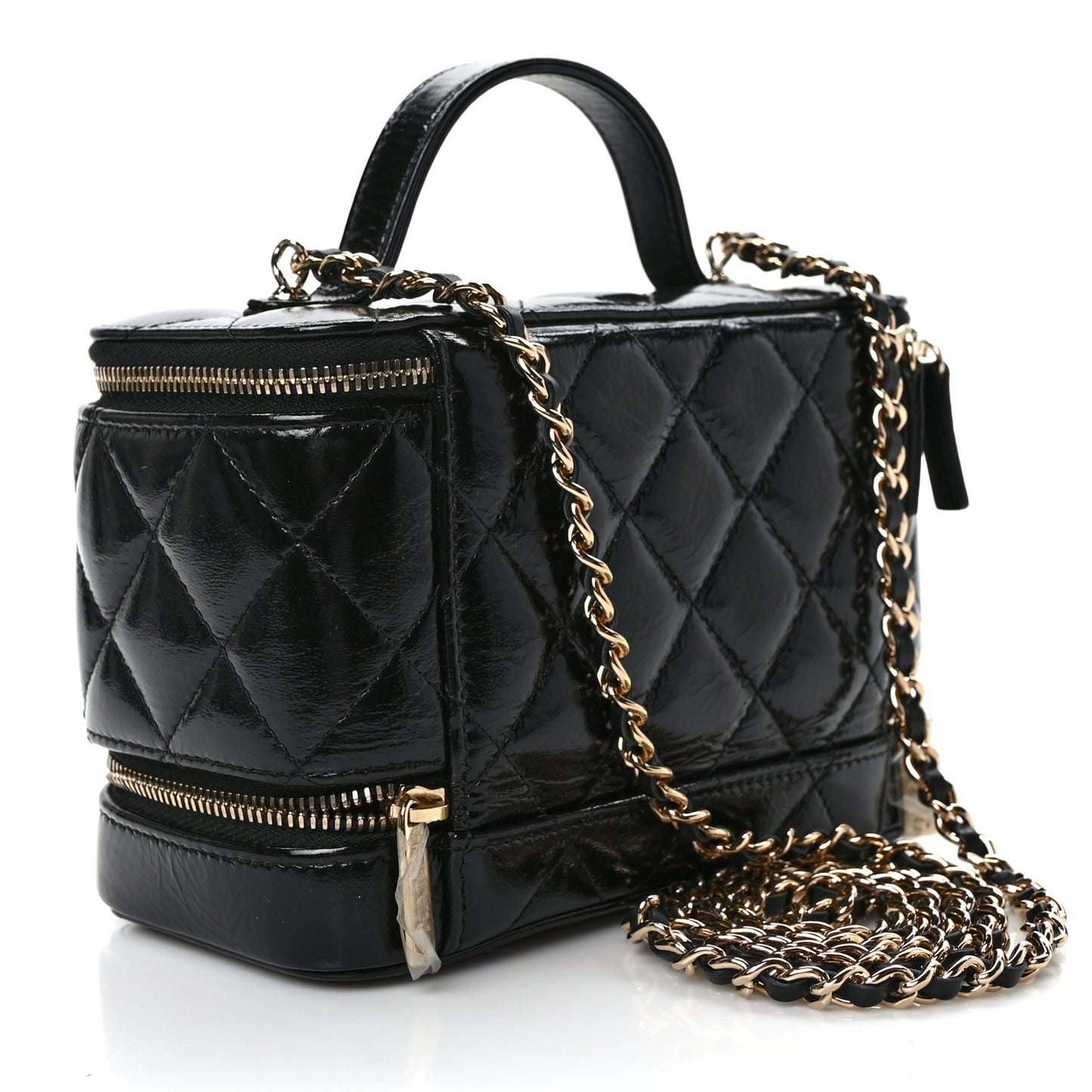 Shiny Lambskin Quilted Small Vanity Case With Chain Black