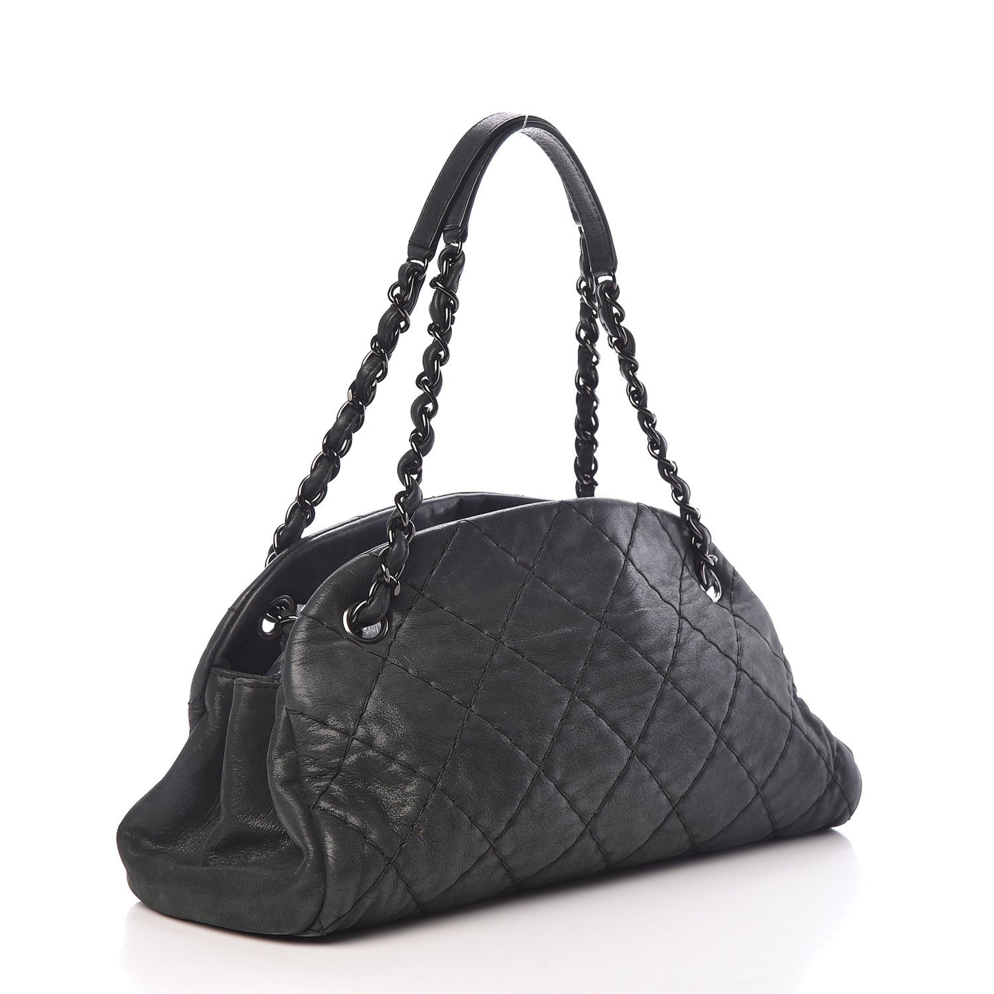 Iridescent Calfskin Medium Just Mademoiselle Bowling Bag Black