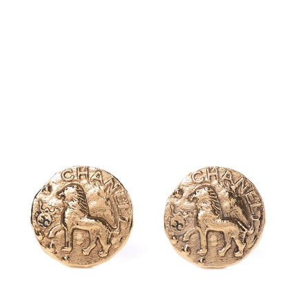 Chanel Round Lion Clip On Earrings in Gold. 1 of 5