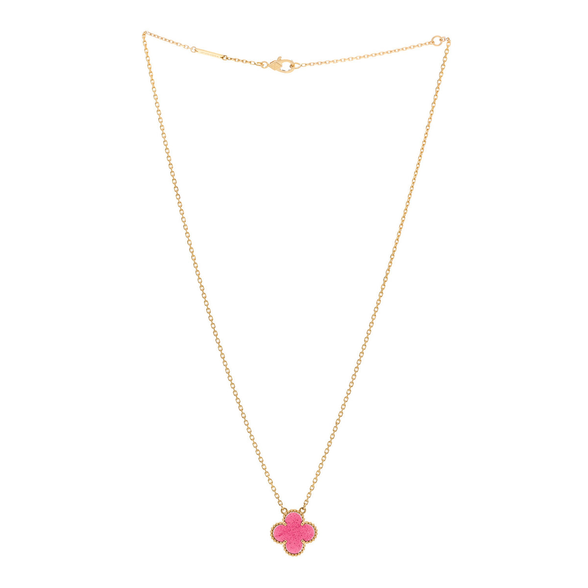 Van Cleef & Arpels 18K Yellow Gold Pink Enamel Vintage Alhambra Pendant Necklace 3 of 7
