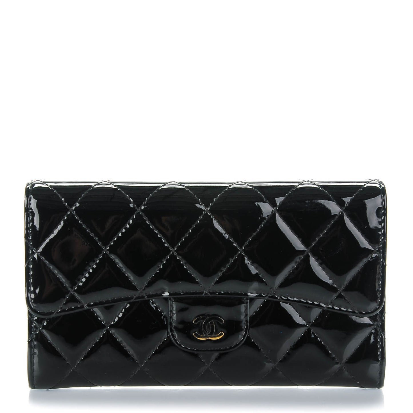 Patent Calfskin Quilted Large Flap Wallet Black