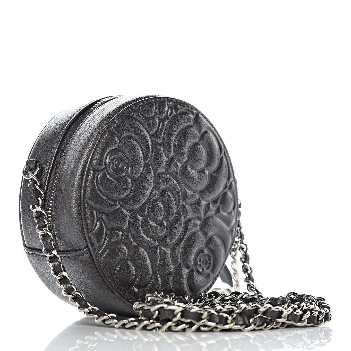 Goatskin Camellia Quilted Round Clutch With Chain Grey