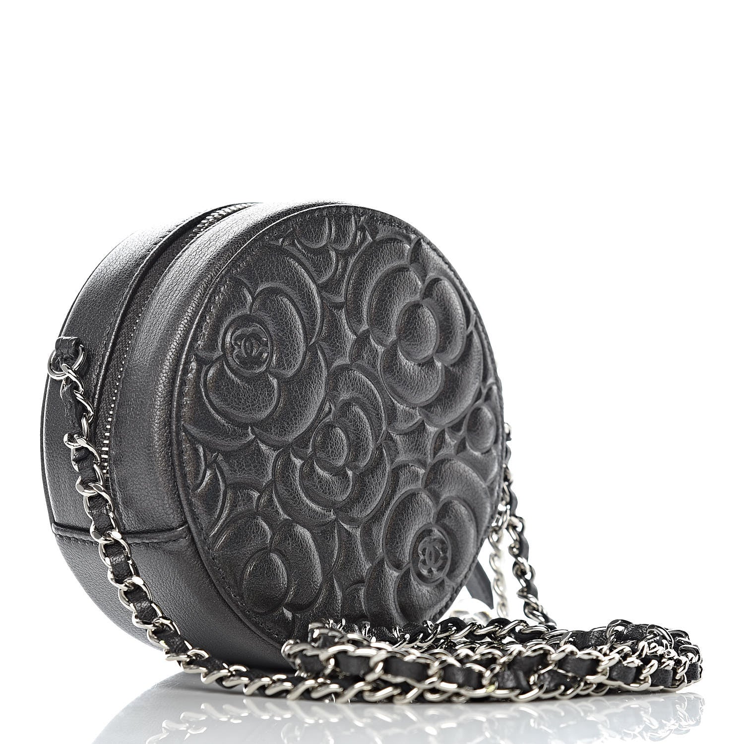 Chanel Goatskin Camellia Quilted Round Clutch With Chain Grey 3 of 10