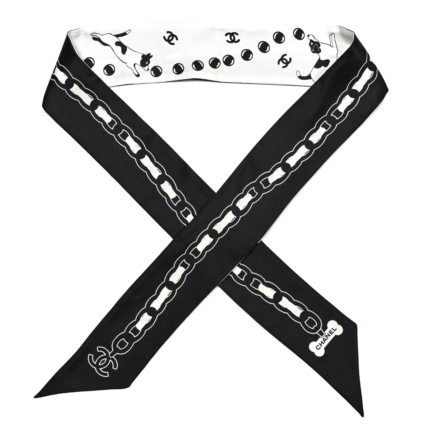 Chanel Silk CC Puppies Slim Bandeau Scarf Black Ecru 1 of 4