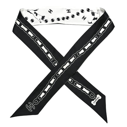 Chanel Silk CC Puppies Slim Bandeau Scarf Black Ecru 1 of 4