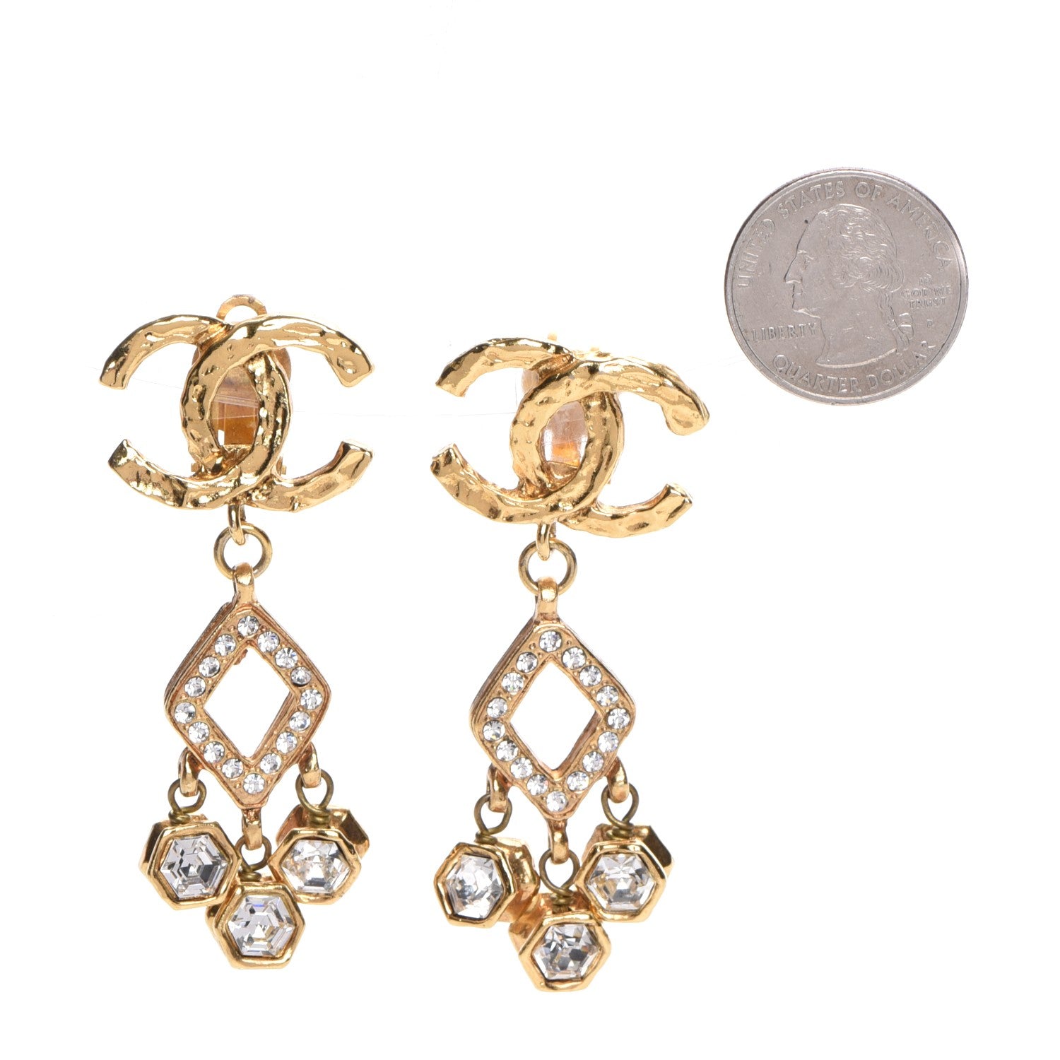 Chanel Crystal CC Dangle Clip On Earrings Gold 2 of 4