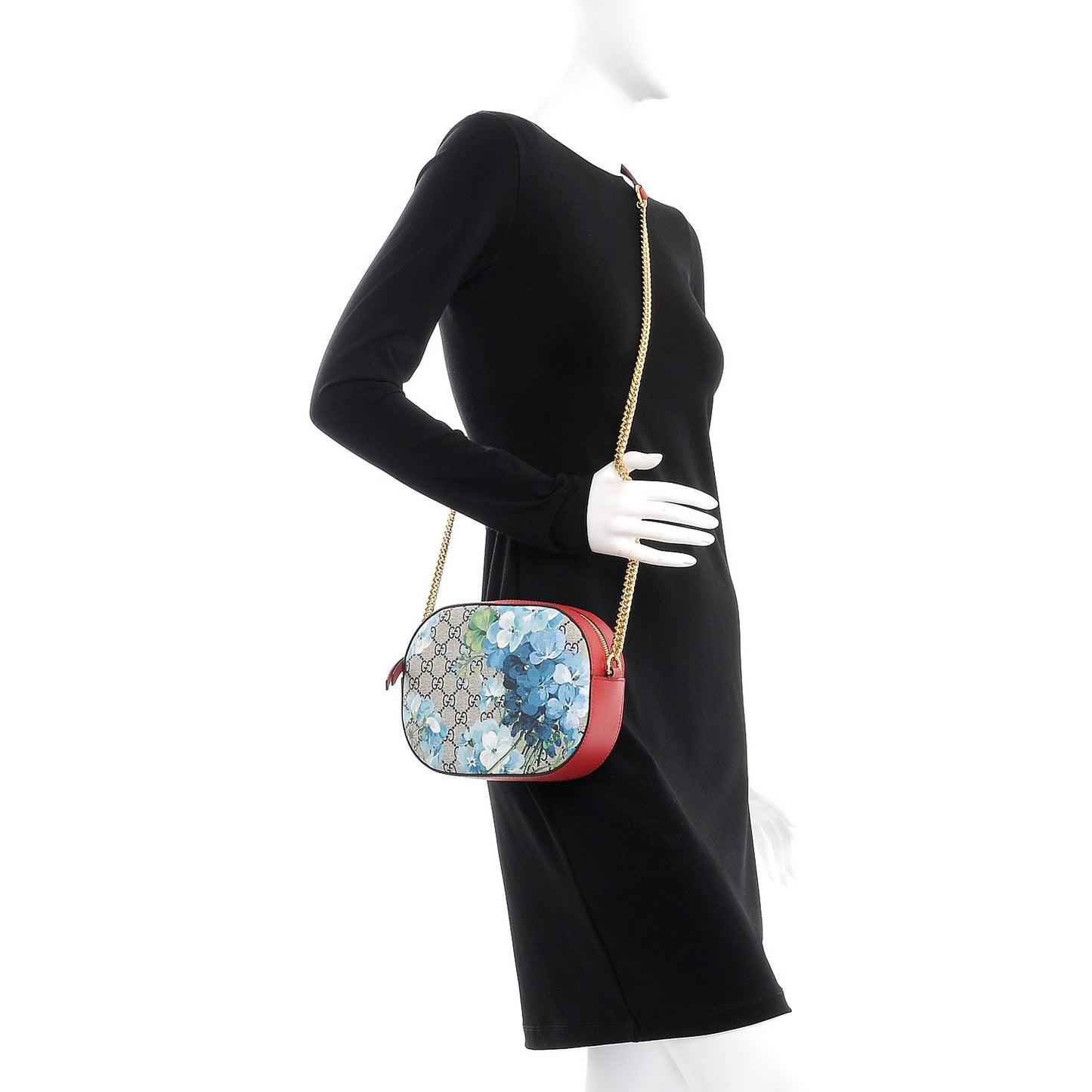 GG Supreme Monogram Blooms Mini Chain Shoulder Bag Beige Blue Navy Hibiscus Red