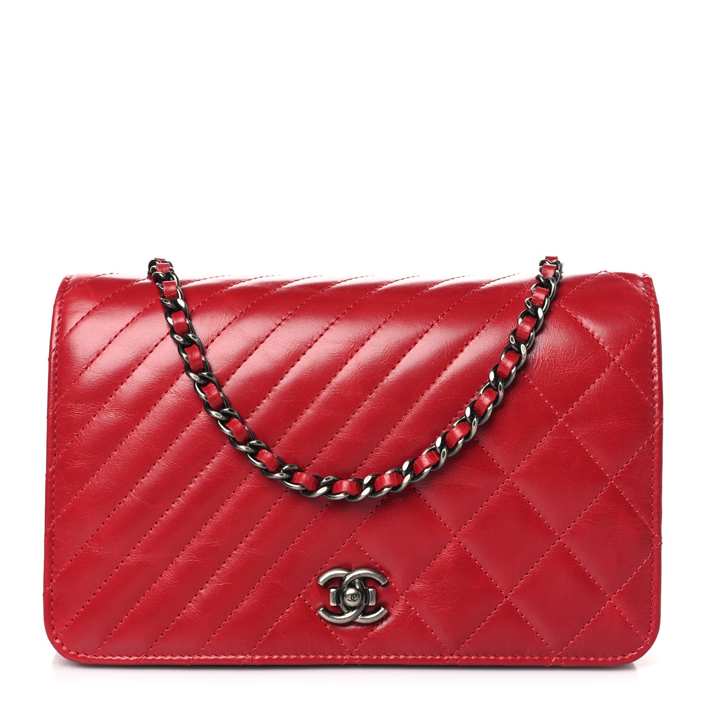 Glazed Calfskin Quilted Coco Boy Wallet On Chain WOC Red