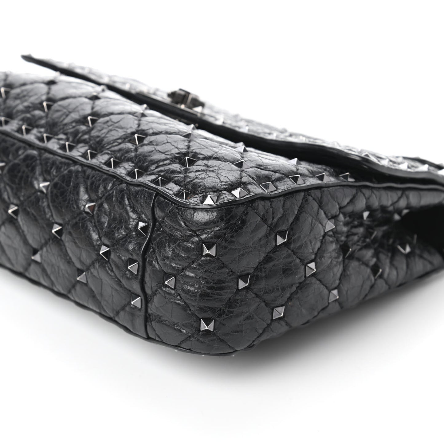 Craquele Nappa Medium Rockstud Spike Shoulder Bag Black